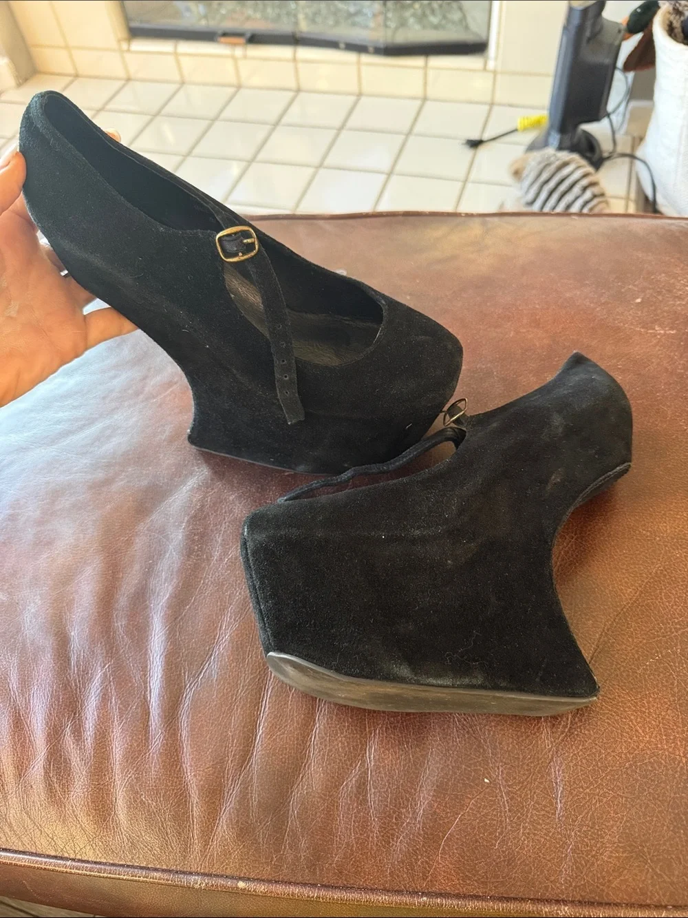 Jeffrey Campbell Havana Last Black Suede Platform Mary Jane Wedge Heels Size 7